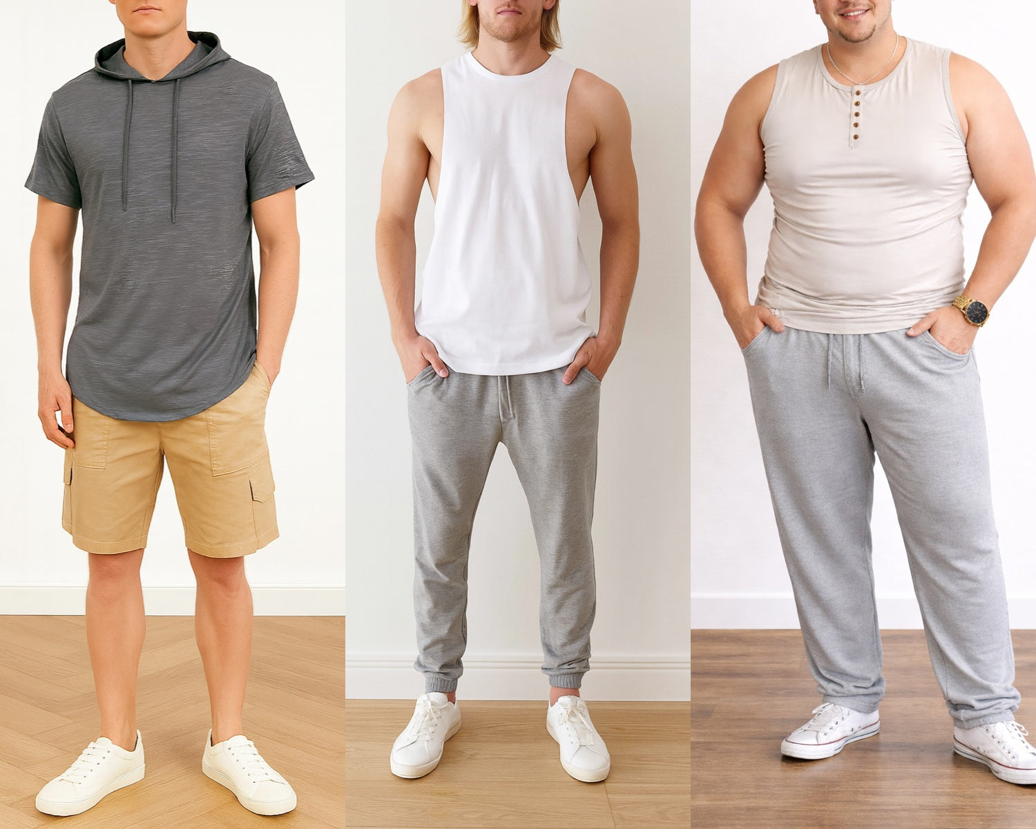 Three men modeling different casual outfits with hoodies, tank tops, and pants.