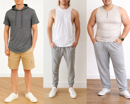Three men modeling different casual outfits with hoodies, tank tops, and pants.
