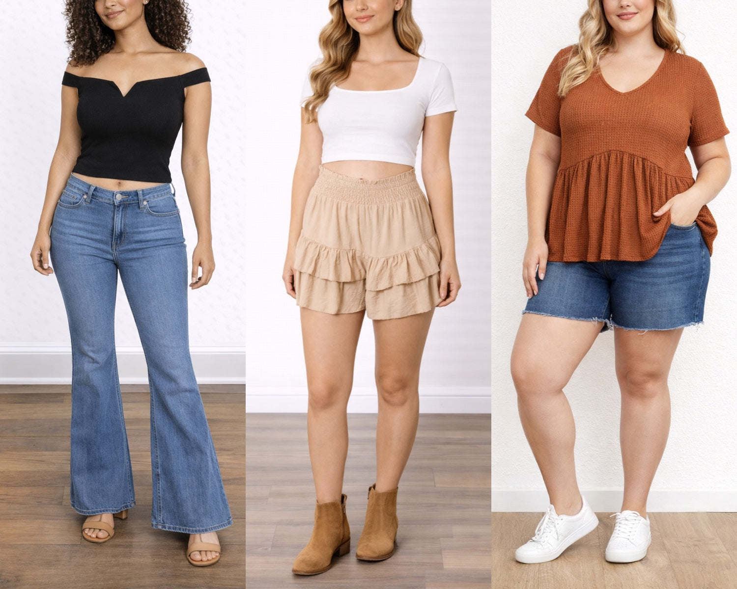 Three women wearing different outfits with a plain background