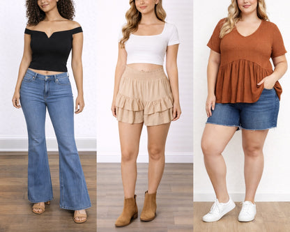 Three women wearing different outfits with a plain background