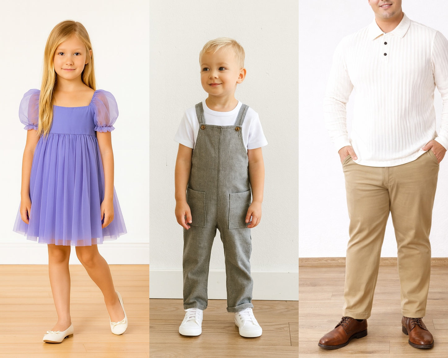 Three people, a girl in a purple dress, a boy in gray overalls, and a man in a white shirt and beige pants, standing against a white background.