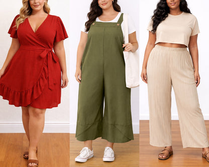 Three women wearing different outfits: a red dress, green overalls, and beige pants.