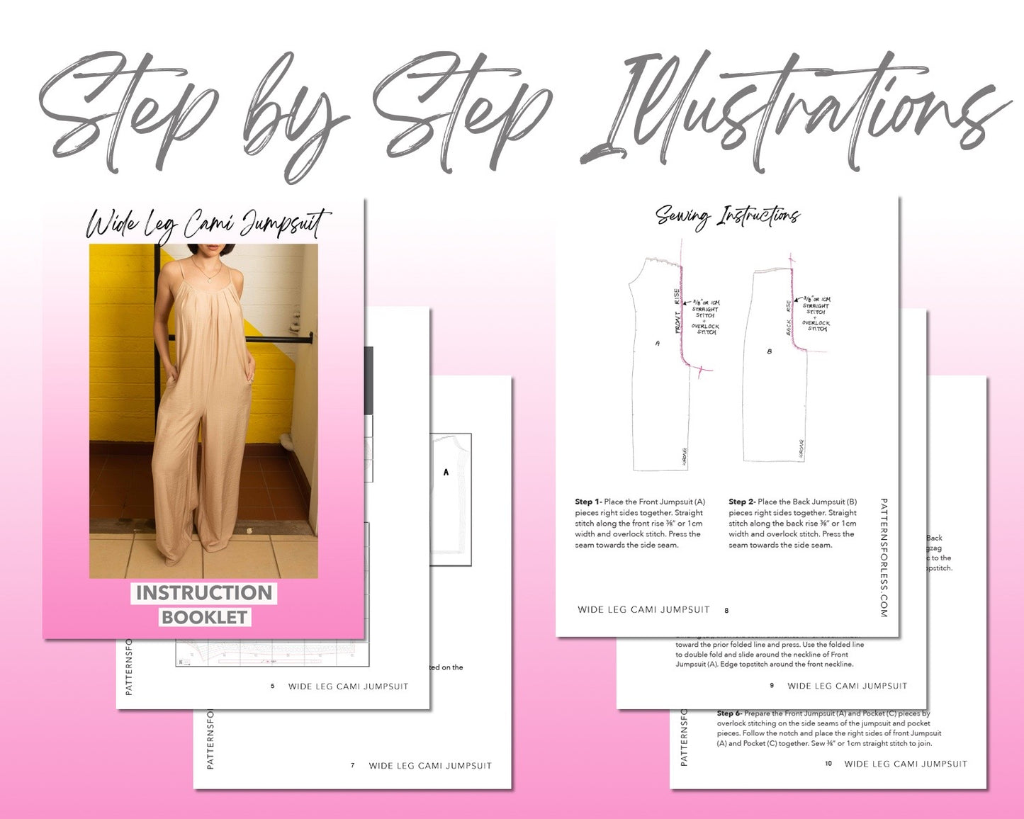 Wide Leg Cami Jumpsuit sewing pattern step by step illustrations.
