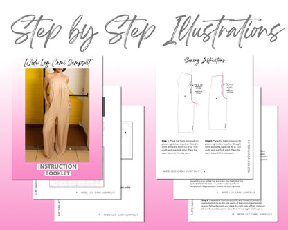 Wide Leg Cami Jumpsuit sewing pattern step by step illustrations.