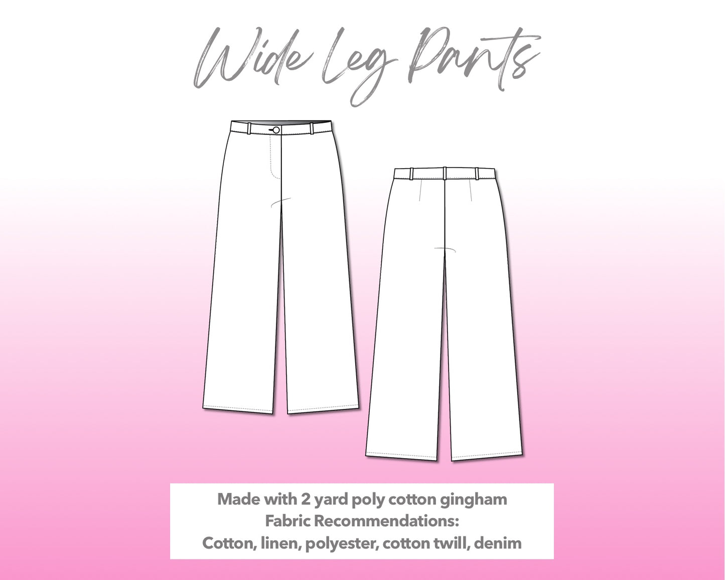 Illustration and detailed description for Wide Leg Pants sewing pattern.
