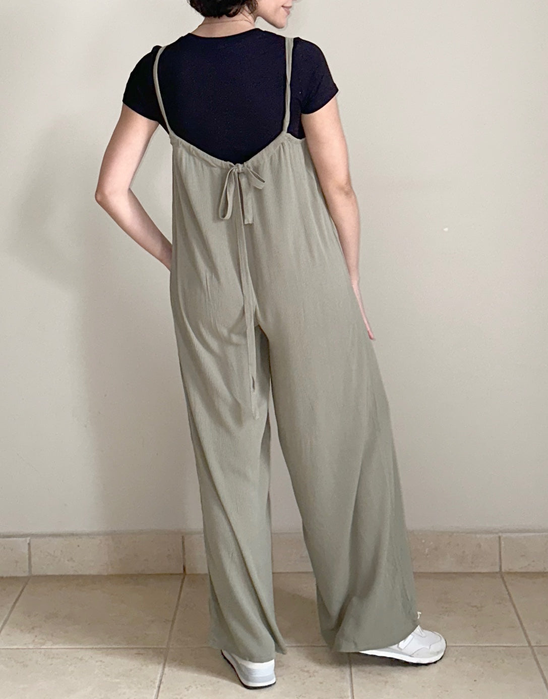 Back view of Wide Leg Suspender Jumpsuit.