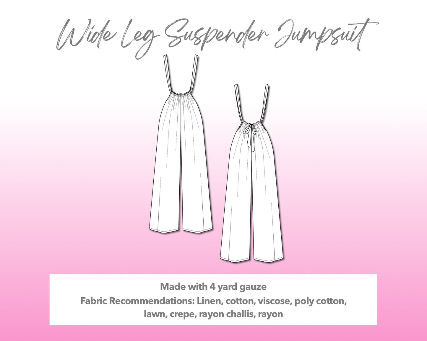 Illustration and detailed description for Wide Leg Suspender Jumpsuit sewing pattern.