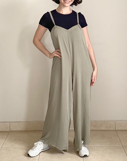 Front view of Wide Leg Suspender Jumpsuit.