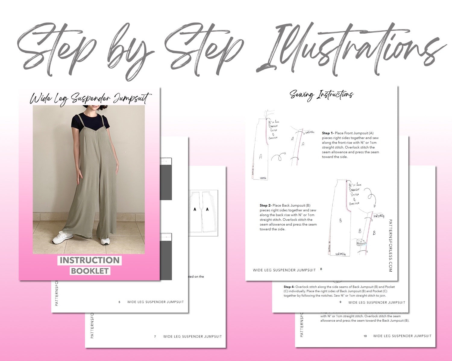 Wide Leg Suspender Jumpsuit sewing pattern step by step illustrations.