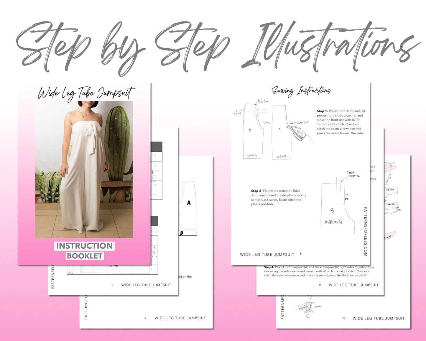 Wide Leg Tube Jumpsuit sewing pattern step by step illustrations.