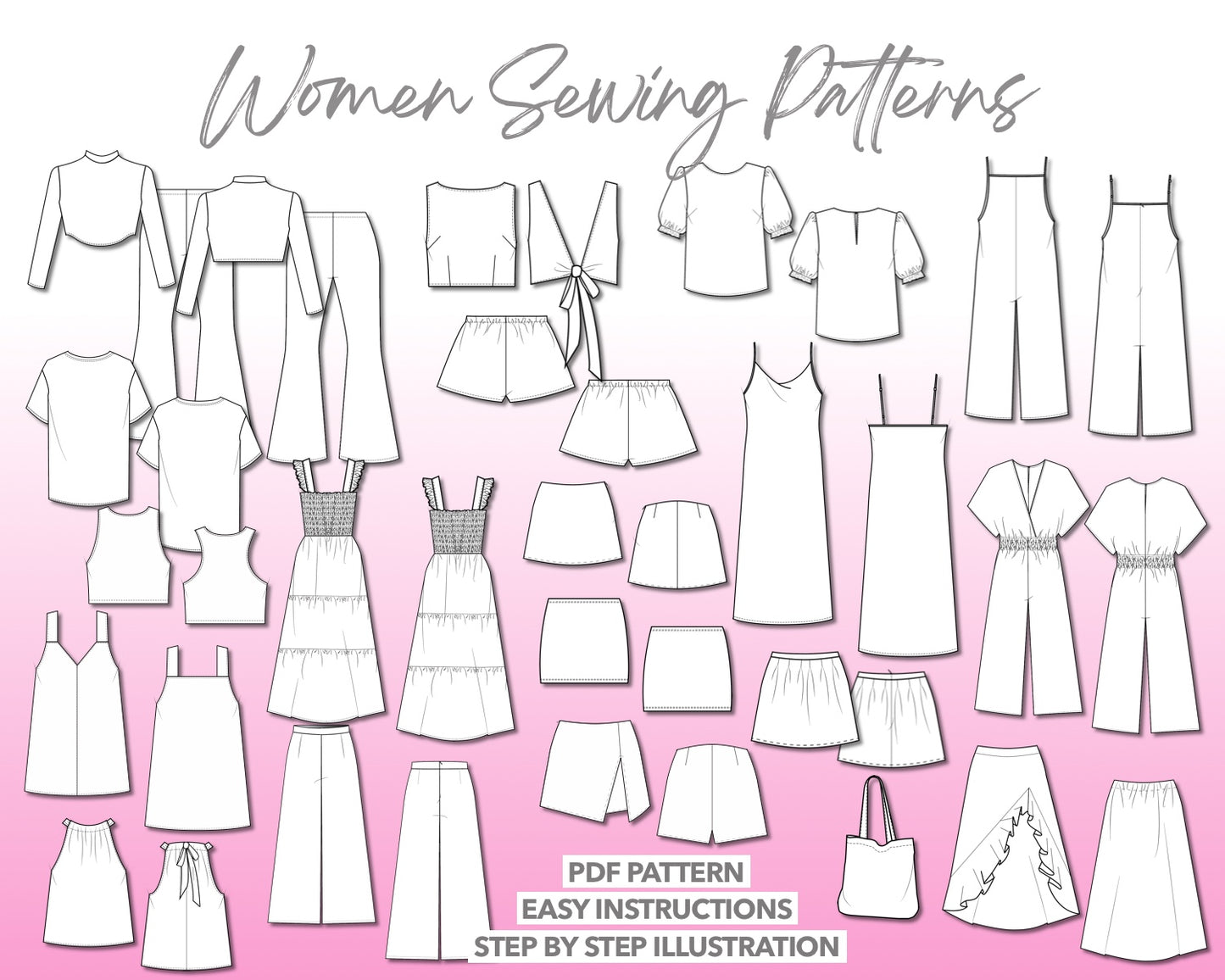 Women sewing pattern pdf with easy instructions and step by step illustrations.