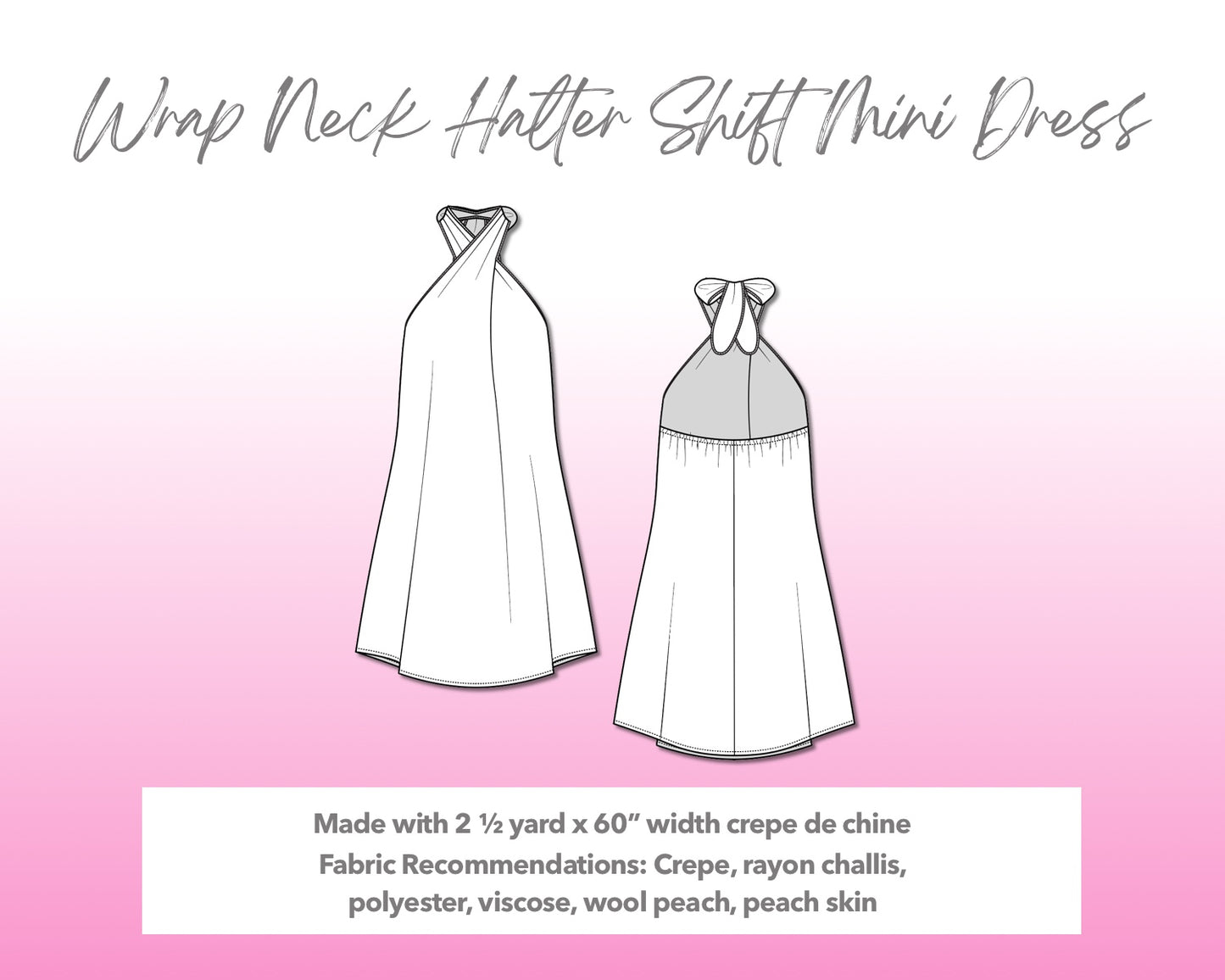 Illustration and detailed description for Wrap Neck Halter Shift Mini Dress sewing pattern.