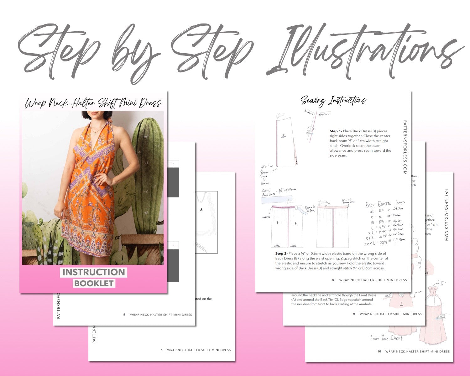 Wrap Neck Halter Shift Mini Dress sewing pattern step by step illustrations.