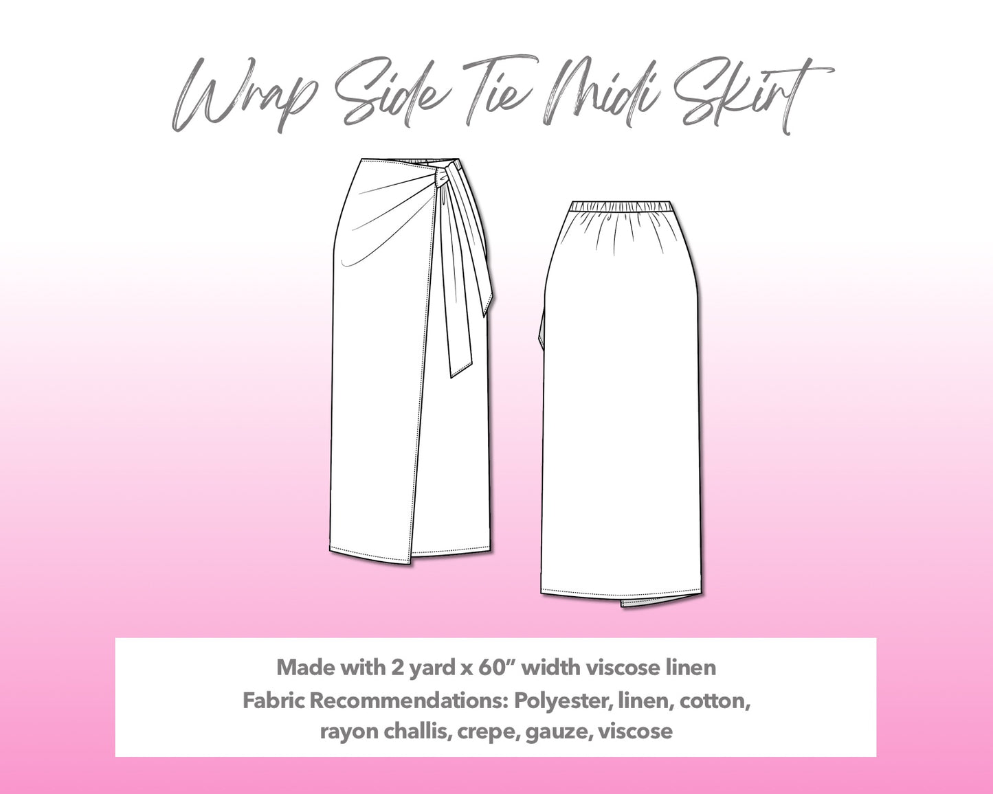 Illustration and detailed description for Wrap Side Tie Midi Skirt sewing pattern.