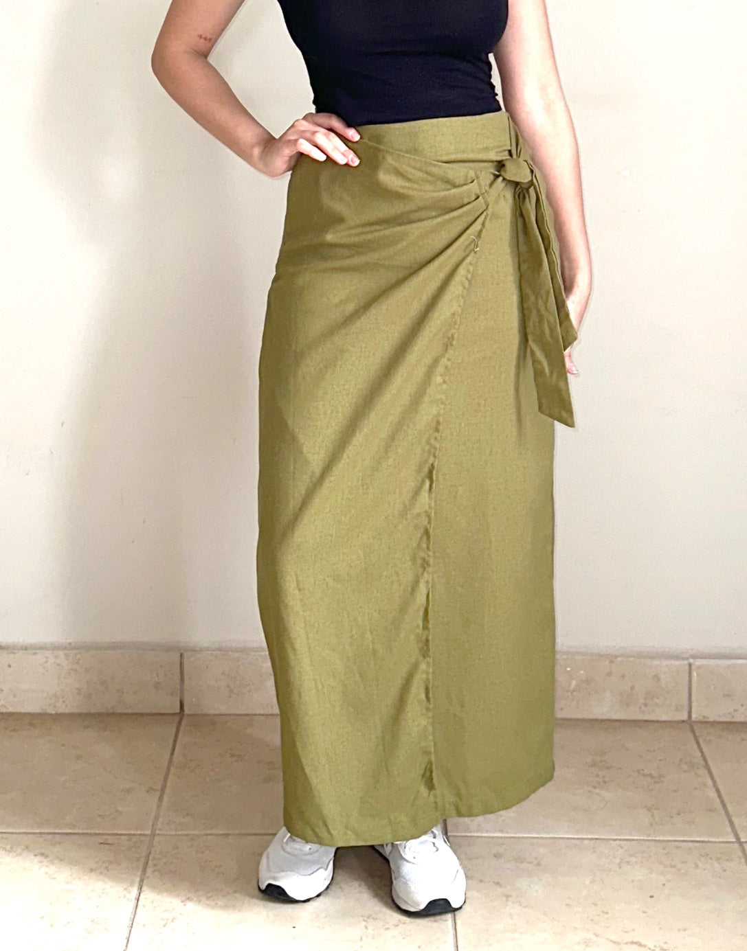 Front view of Wrap Side Tie Midi Skirt.