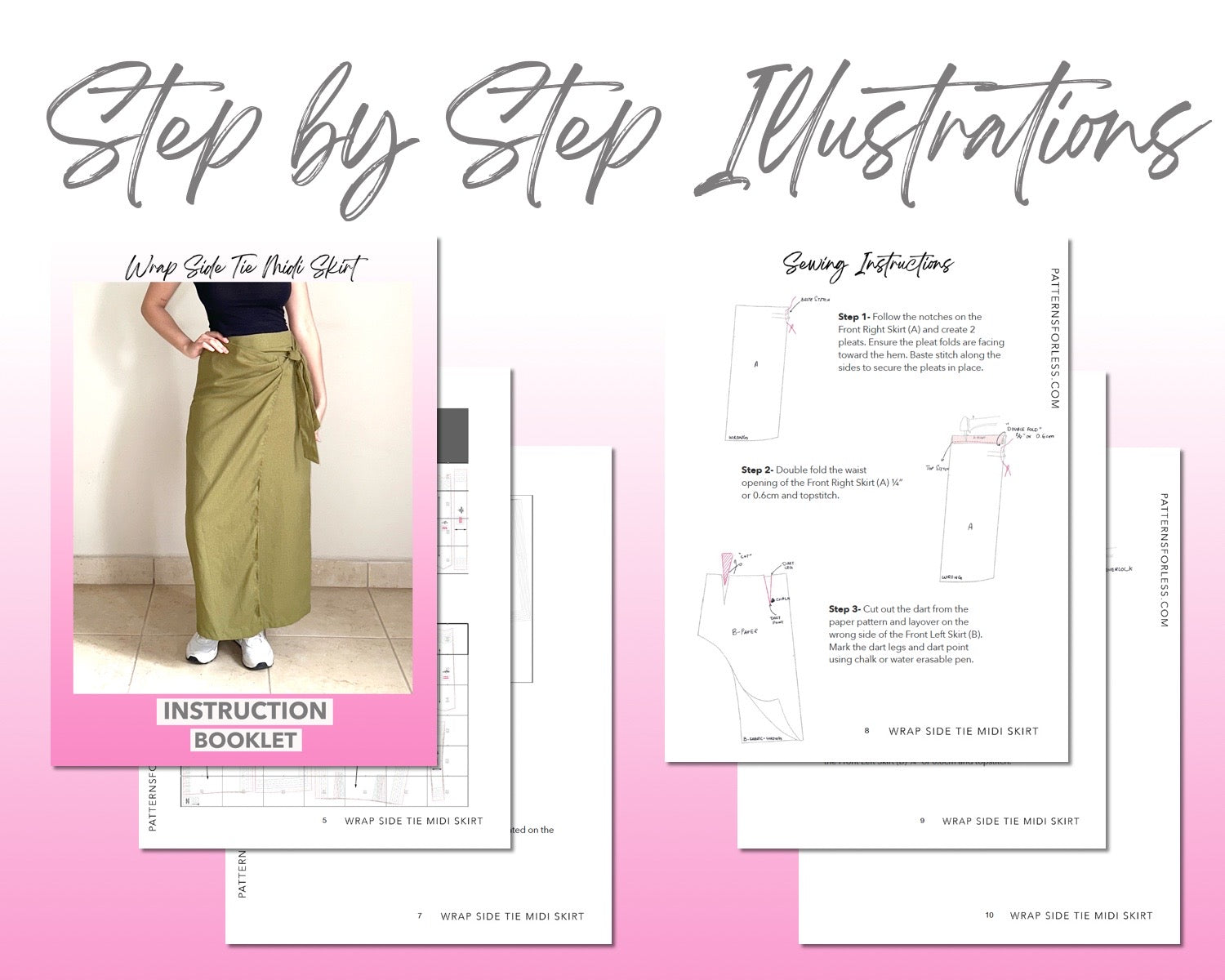 Wrap Side Tie Midi Skirt sewing pattern step by step illustrations.