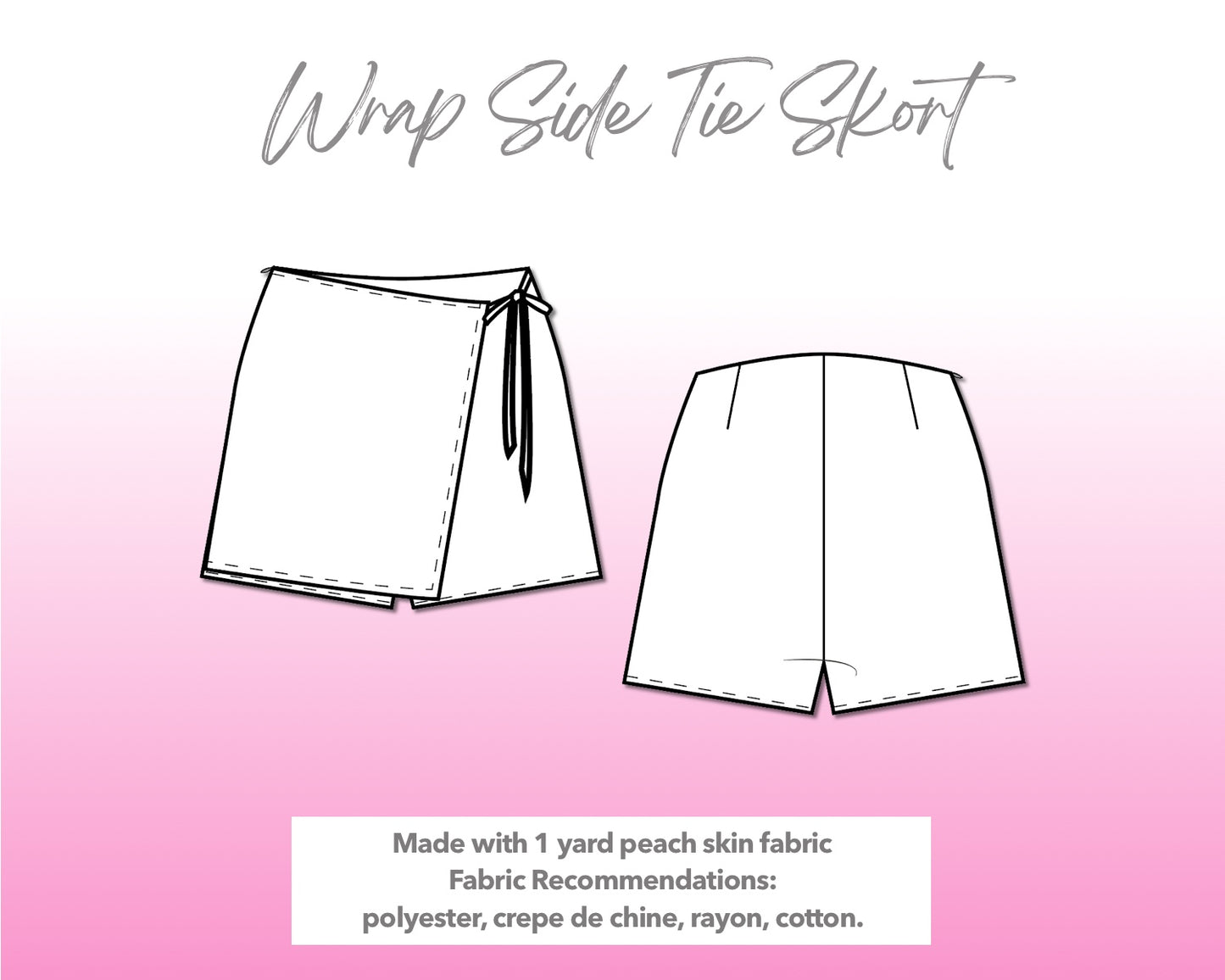 Illustration and detailed description for Wrap Side Tie Skort sewing pattern.