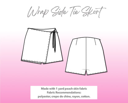 Illustration and detailed description for Wrap Side Tie Skort sewing pattern.